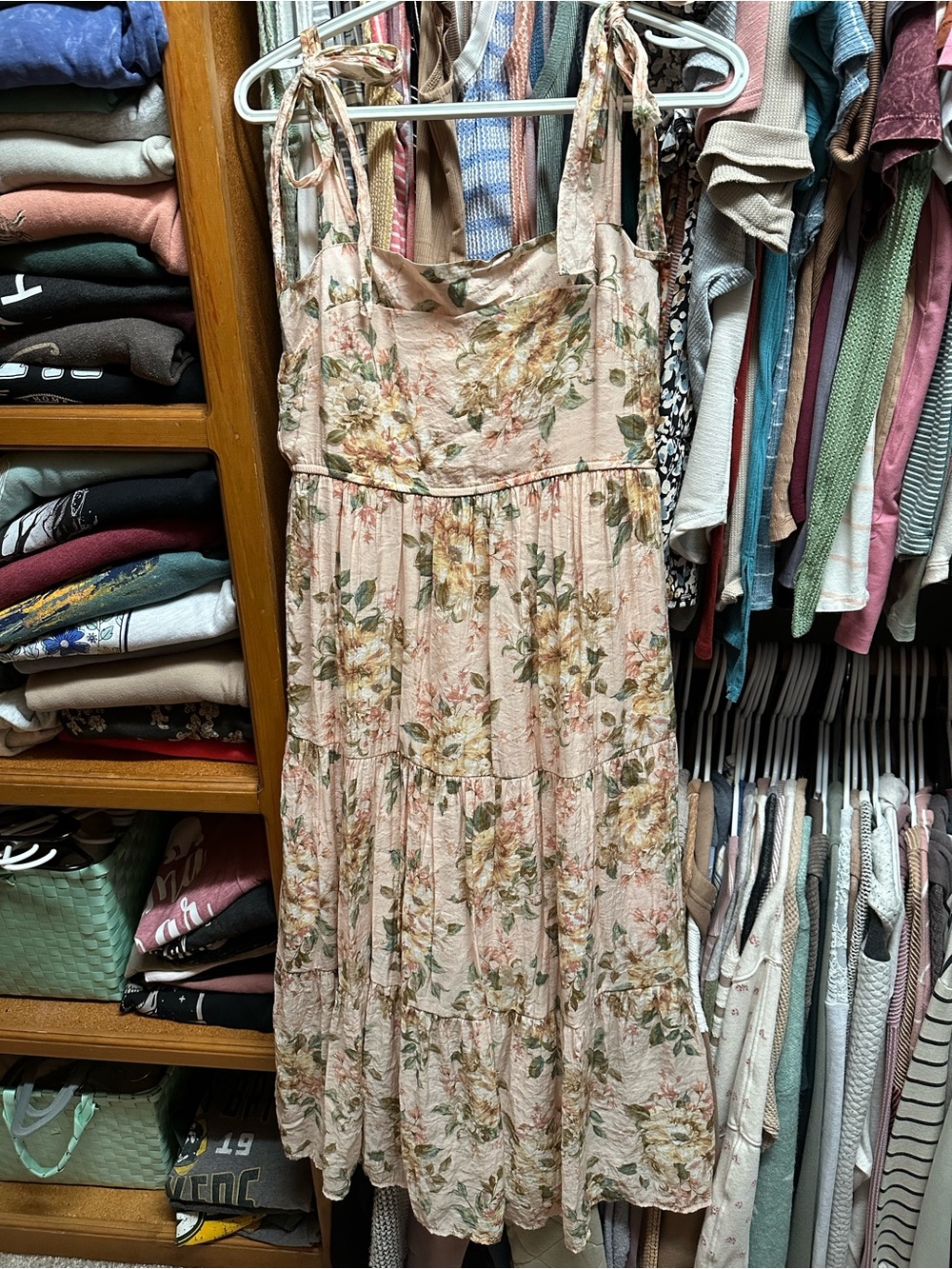 Floral Tie-Strap Midi Dress in Blush Pink